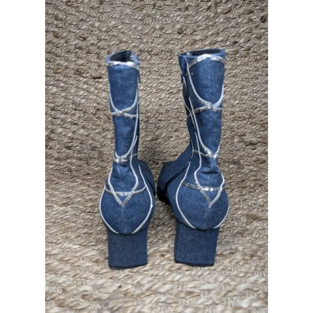 Annie Women’s Denim Blue Ankle Booties Block Heel Boots Silver Accents Sz. 11 M
